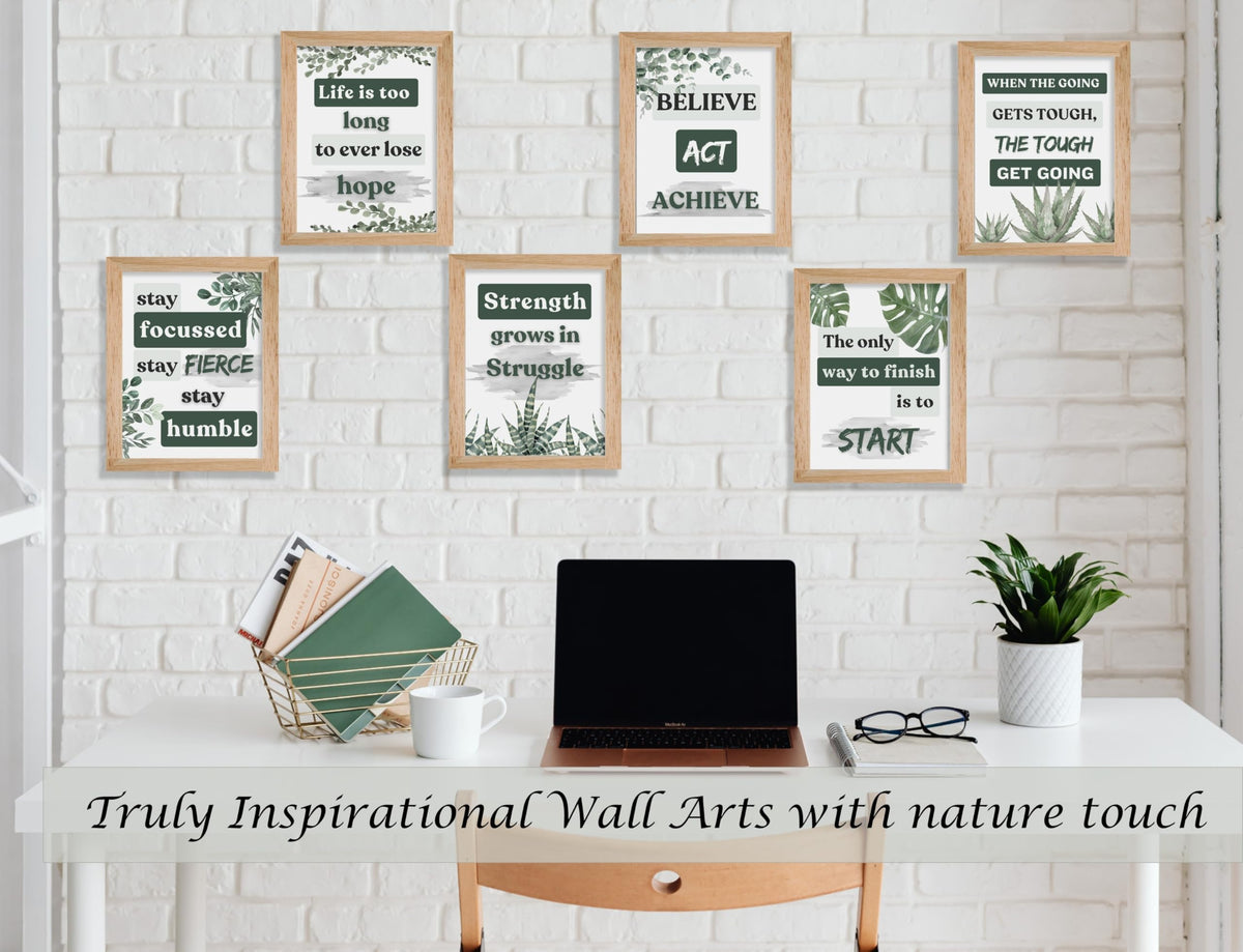 Induslyfe Framed Motivational Wall Art for Living room Bedroom Office Canvas Wall Art pictures for Classroom,Affirmations Inspirational Decor Olive Eucalyptus,Positive Quotes for Office Set of 6, 9x12