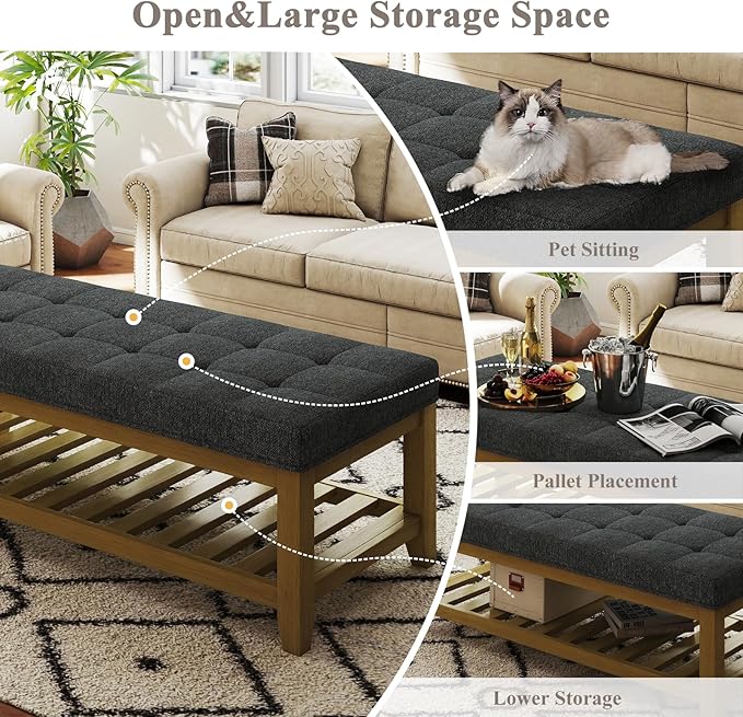 Befurtori Large Rectangular Upholstered Ottoman Bench, Linen Tufted Footrest