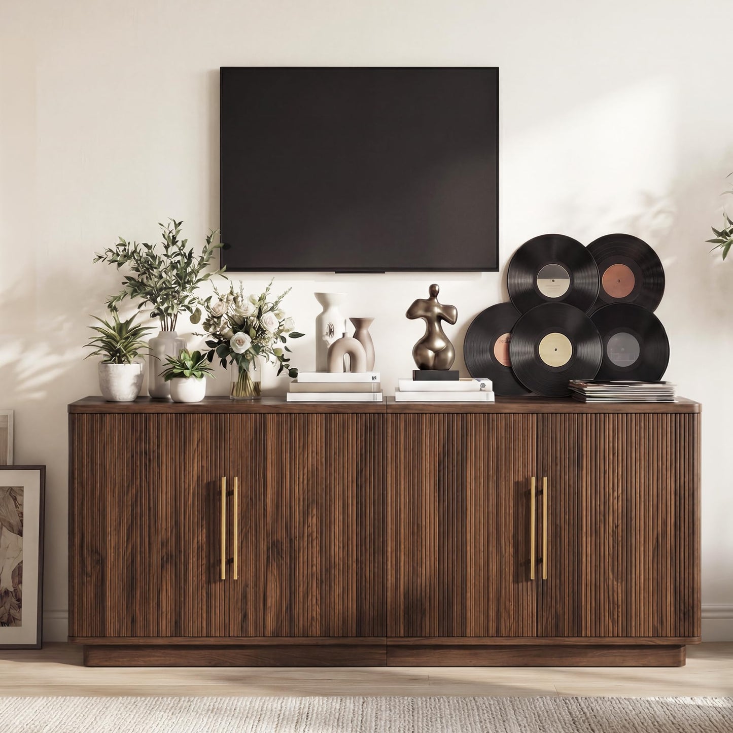 YITAHOME TV Stand for TVs up to 80 Inches, Media Console with 4 Fluted Doors, 70" Entertainment Center with Ample Storage for Living Room(Natural Oak)