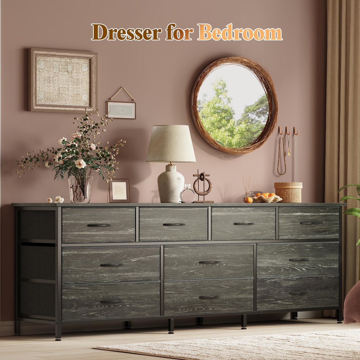 Huuger 63 Inch Dresser for Bedroom, Long Dresser with 10 Fabric Drawers, Large TV Stand for 55, 65, 70 Inch TV, Toy Storage Organizer for Closet, Charcoal Black Wood Grain Print