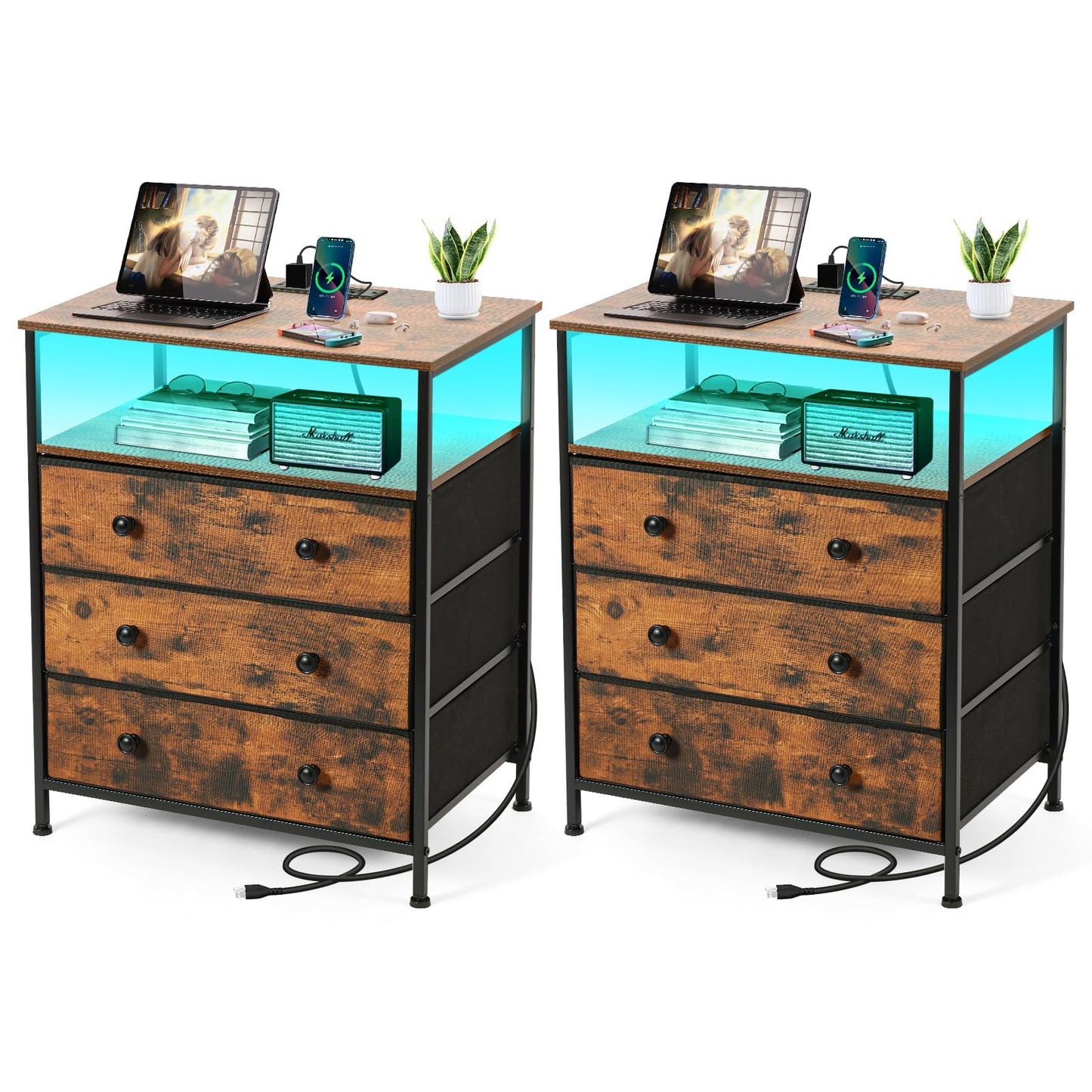 PATAVOT 3 Drawers Dresser with Charging Station, 24 Inch Wide LED Night Stand Set 2 with Adjustable Fabric Drawer, Nightstand with Storage Shelf for Living Room/Bedroom/Office, Rustic Brown.