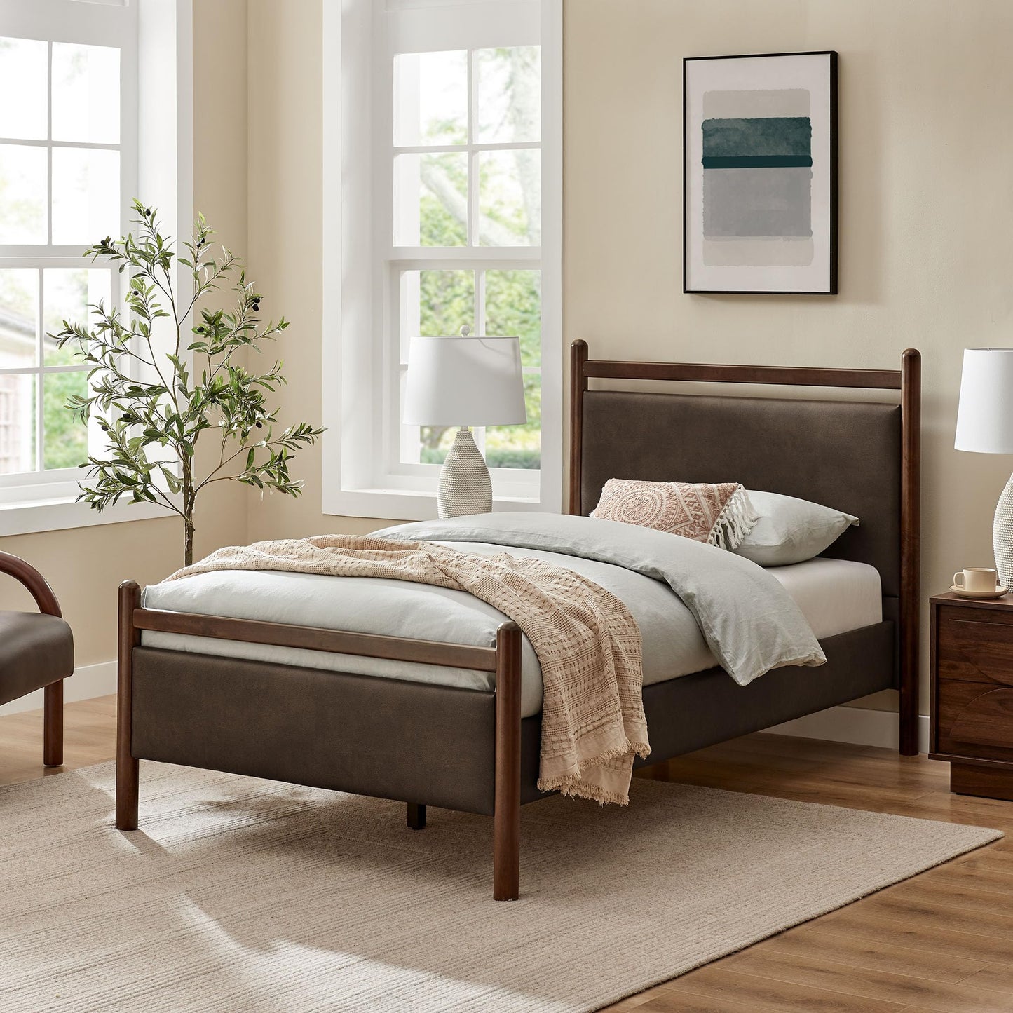 Modway Ginny Twin Platform Bed Frame in Wenge Mushroom - Solid Wood Bed with Padded Faux Leather Headboard and Footboard, Wood Slats, No Box Spring Needed