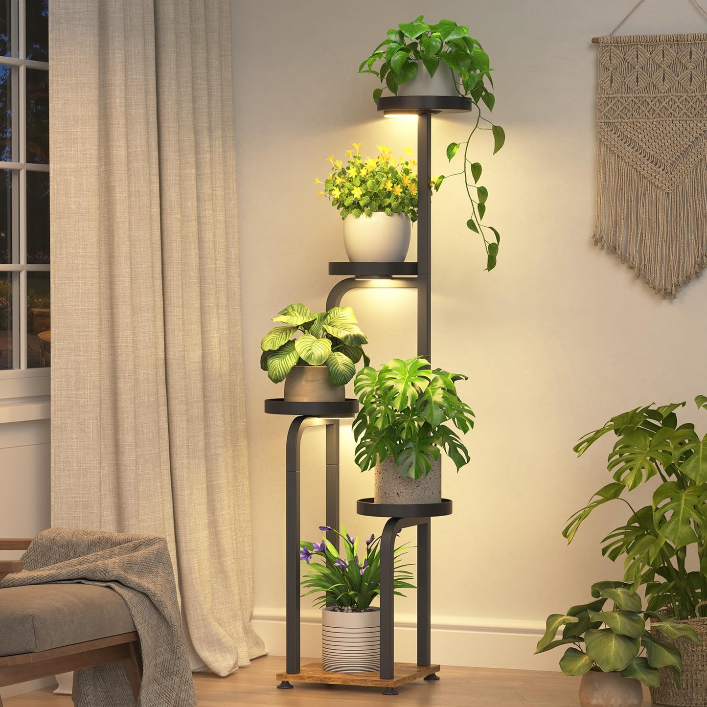 iDavosic.ly Tall Plant Stand Indoor with Grow Light, 4 Tier Corner Multiple Flower Holder Shelf with Metal Trays, Space Saving Display Rack for Living Room Balcony Patio Porch | Black & Brown