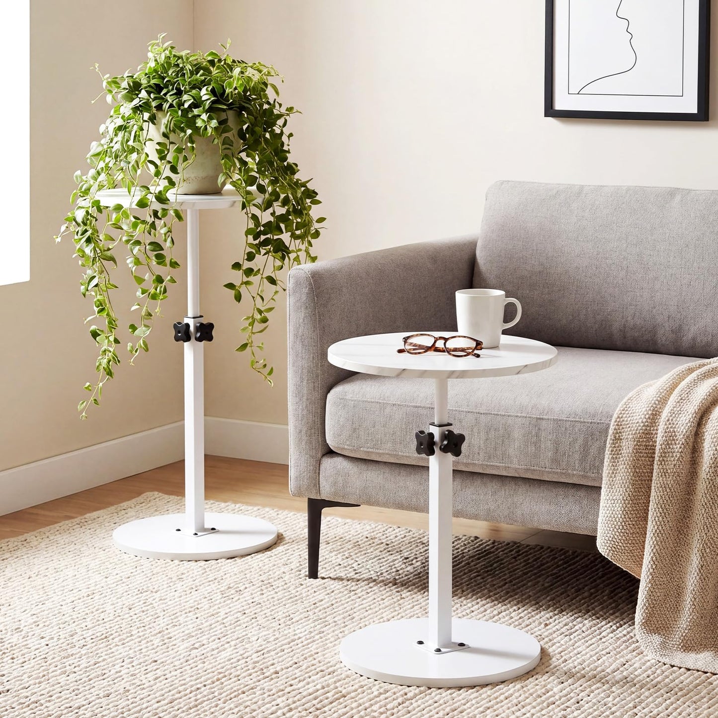 Sintuff Adjustable Height Round Side Table, 15.7" Marble Color Drink Stand with Metal Pedestal Base, White Small Space Martini Table for Living Room, Bedroom, Sofa, Balcony, 18"-30" Tall