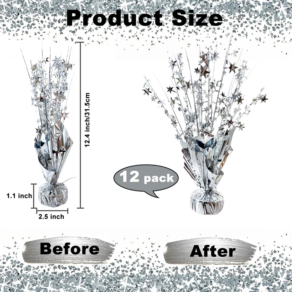 YinNorth 12 Pcs Metallic Foil Spray Centerpiece Party Star Table Decoration Brust Glitter Table Topper Decor for Birthday Graduation Holiday Christmas Dining Celebration New Year Party Supplies,Silver