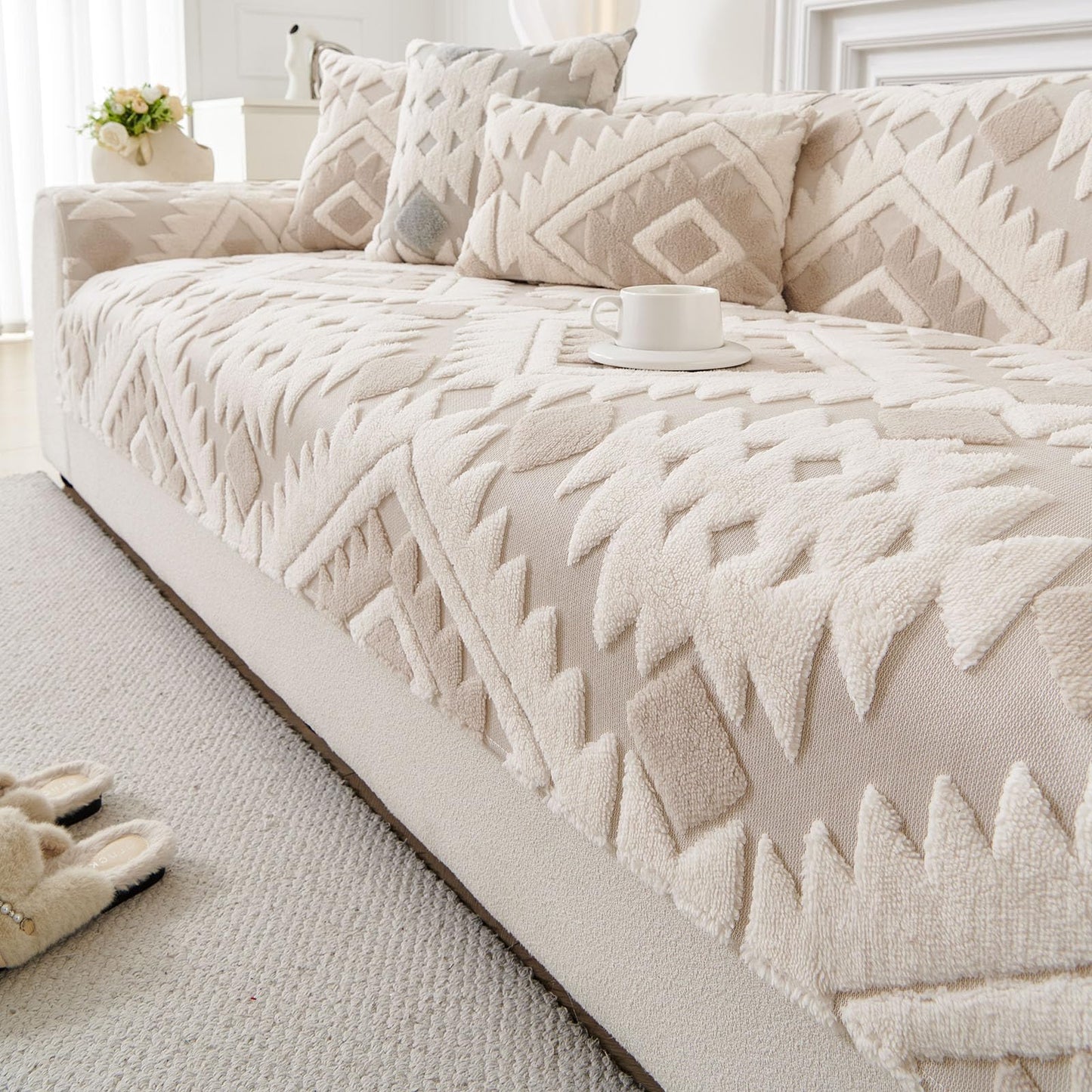 XSlive Boho Plush Couch Covers for Sofa Washable, Fuzzy Soft Couch Cover for Sectional Sofa, Non Slip Jacquard Sofa Cover Furniture Protector for Kids, Pets (Light Coffee,28"x70")