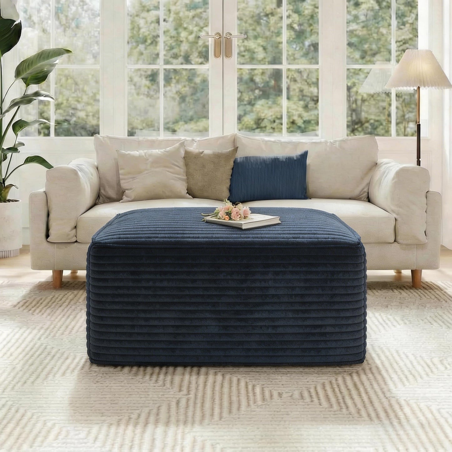 JINGLING 37.4" Rectangle Ottoman Foot Rest for Couch - Corduroy Upholstered Compressed Memory Foam, Cloud Ottoman for Modular Sectional, No Assembly Required, DIY Combination, Blue