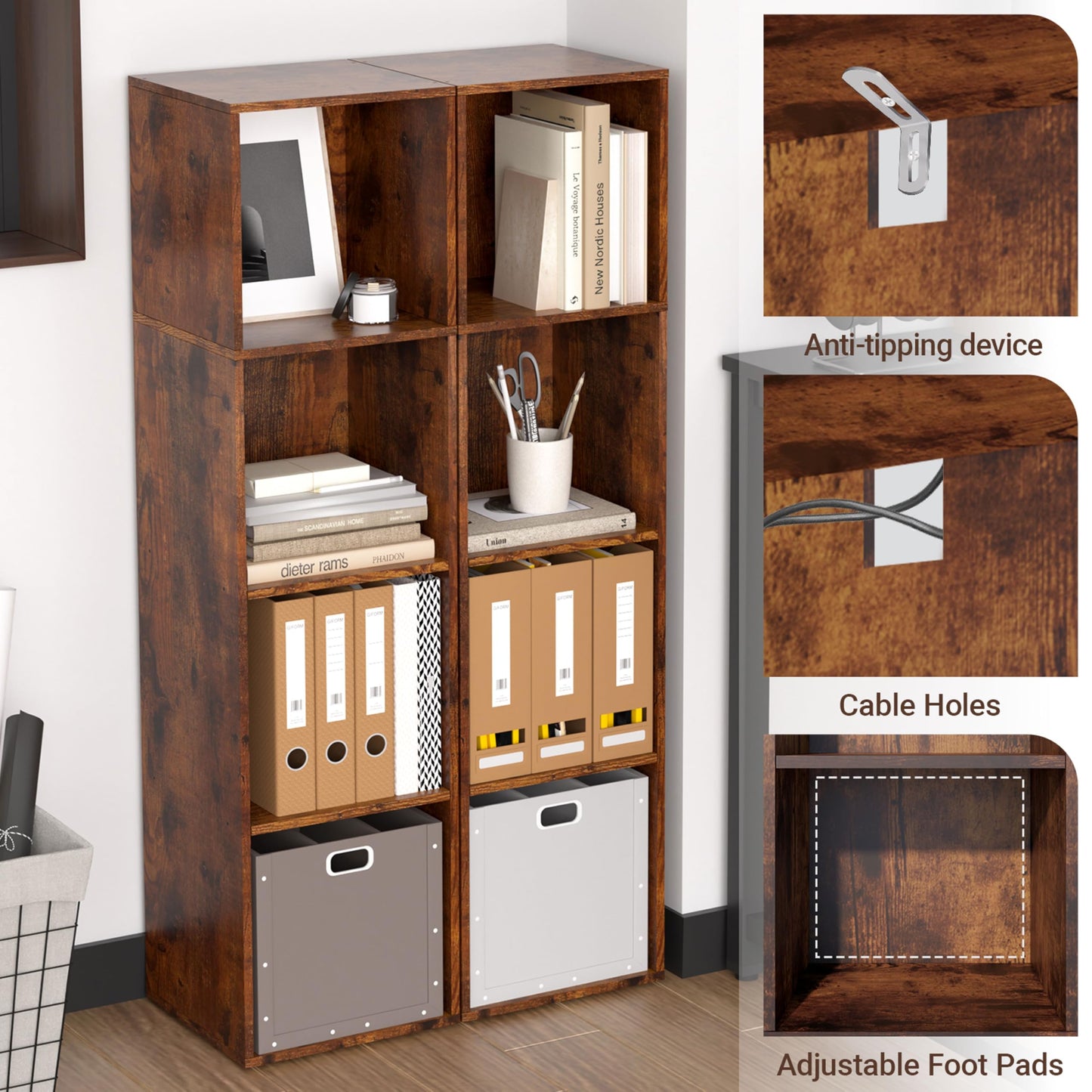 NewBeth Cube Storage Organizer, 4 Cube Retro Bookshelf, Freestanding 4 Tier Open Shelf, Rustic Brown Retro Shelves for Home Office, Bedroom, Living Room, Study