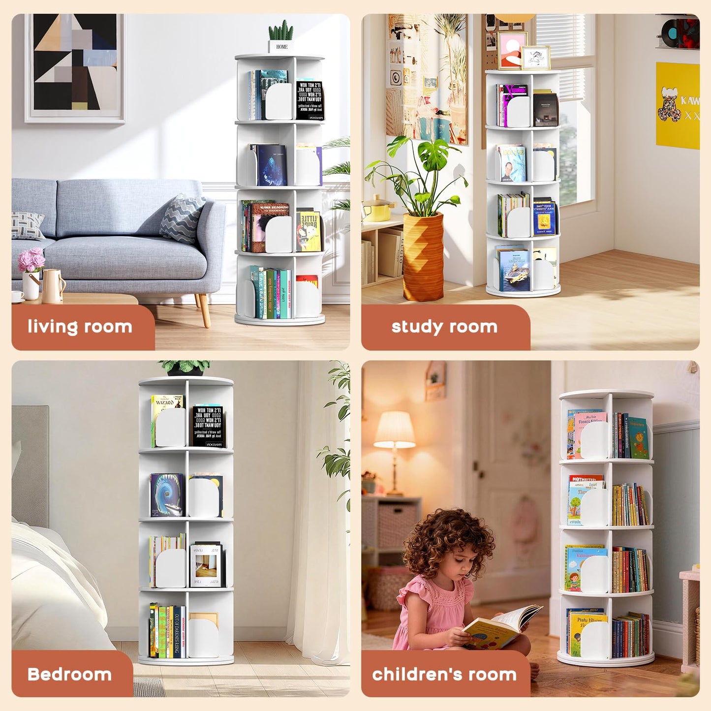 Kryonix Rotating Bookshelf, Spinning Bookshelf Tower 4 Tier, 360° Revolving Bookcase Lazy Susan, Multi-Functiona Corner Round Turning Book Shelf Organizer for Small Spaces(Off-White)