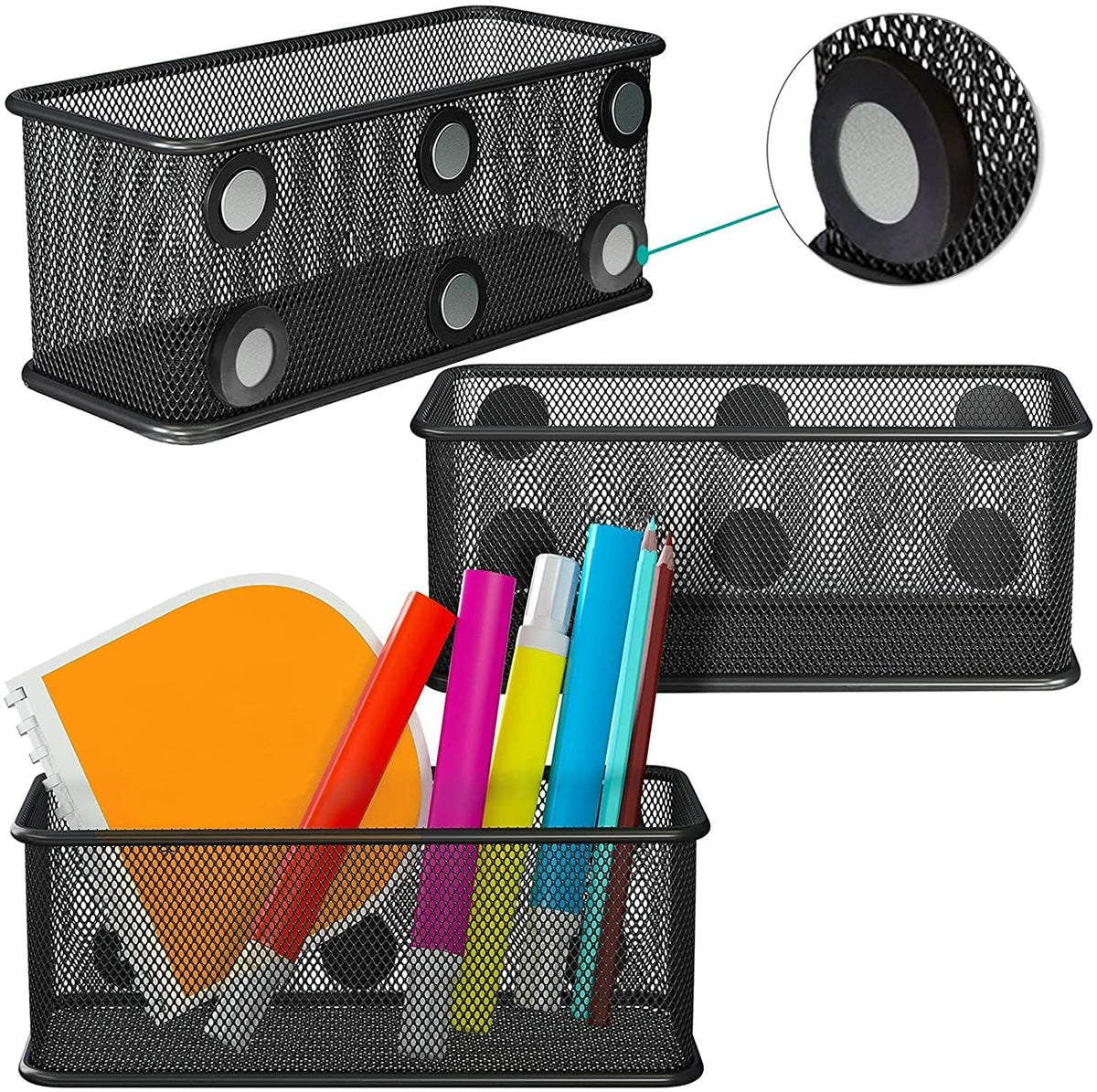 TAPBULL Mesh Magnetic Storage Baskets - Set of 3 (Black) with Anti-Slip Feature and Strong Magnets - Magnetic Locker Organizer and Pencil Holder for Whiteboard and Refrigerator (Black-3 pcs)