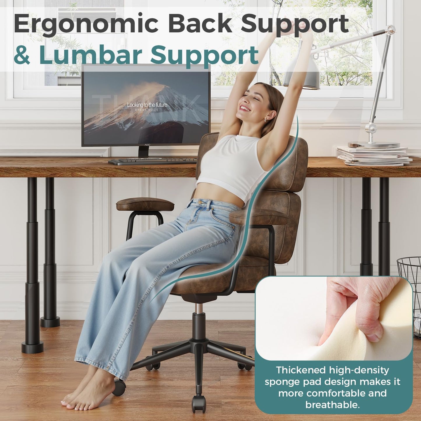OLIXIS Ergonomic Home Office Desk Chair, PU Leather Computer Chair with Lumbar Support Adjustable Height Rolling Swivel Executive Task Armrests Chair, Modern Brown