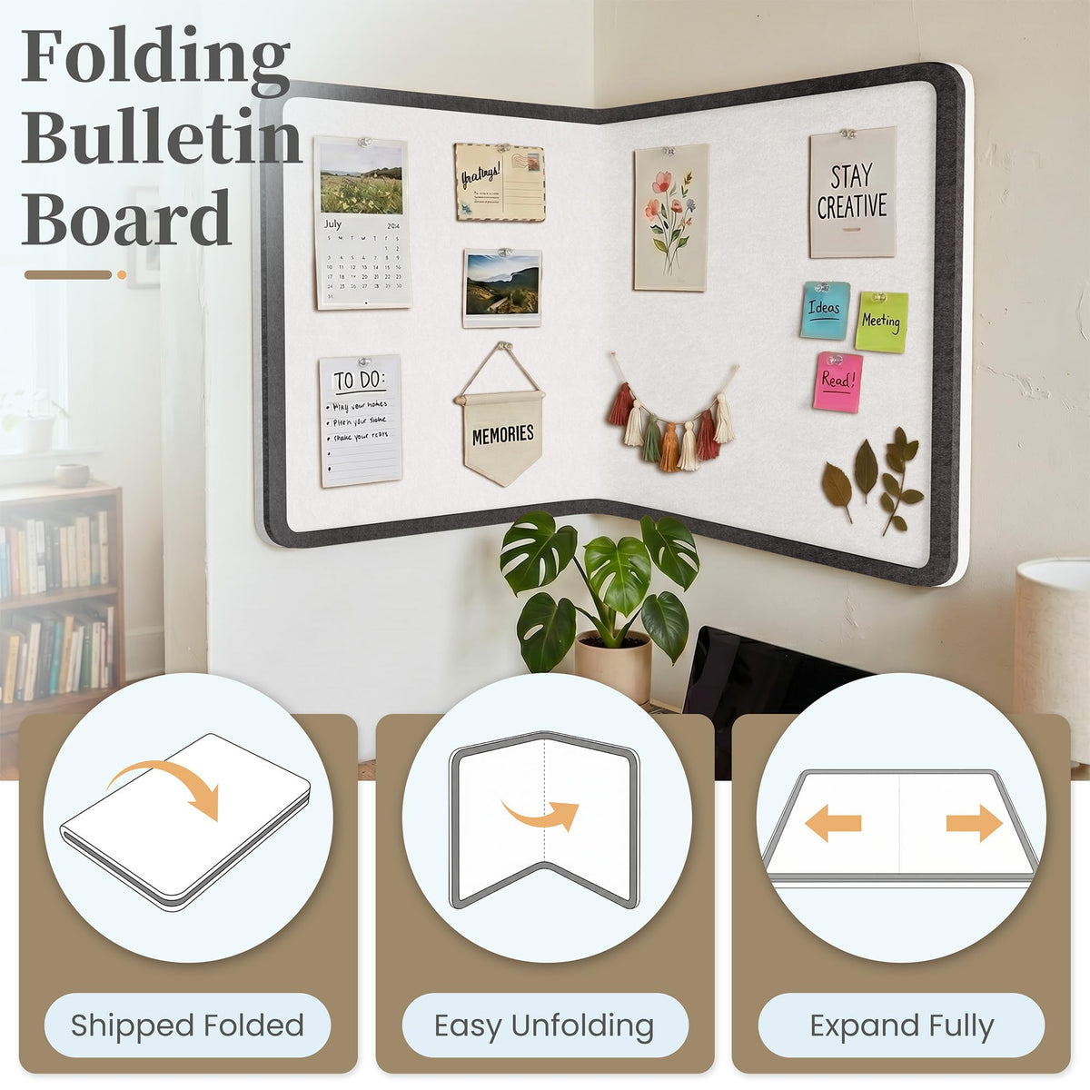 KERRAM Bulletin Board, 48 x 36 inches Decorative Felt Board Foldable Photo Board Pin Boards, Cork Board Alternative for Walls, Office, Home, Classroom with Pushpins ＆ Small Storage Bag, Black