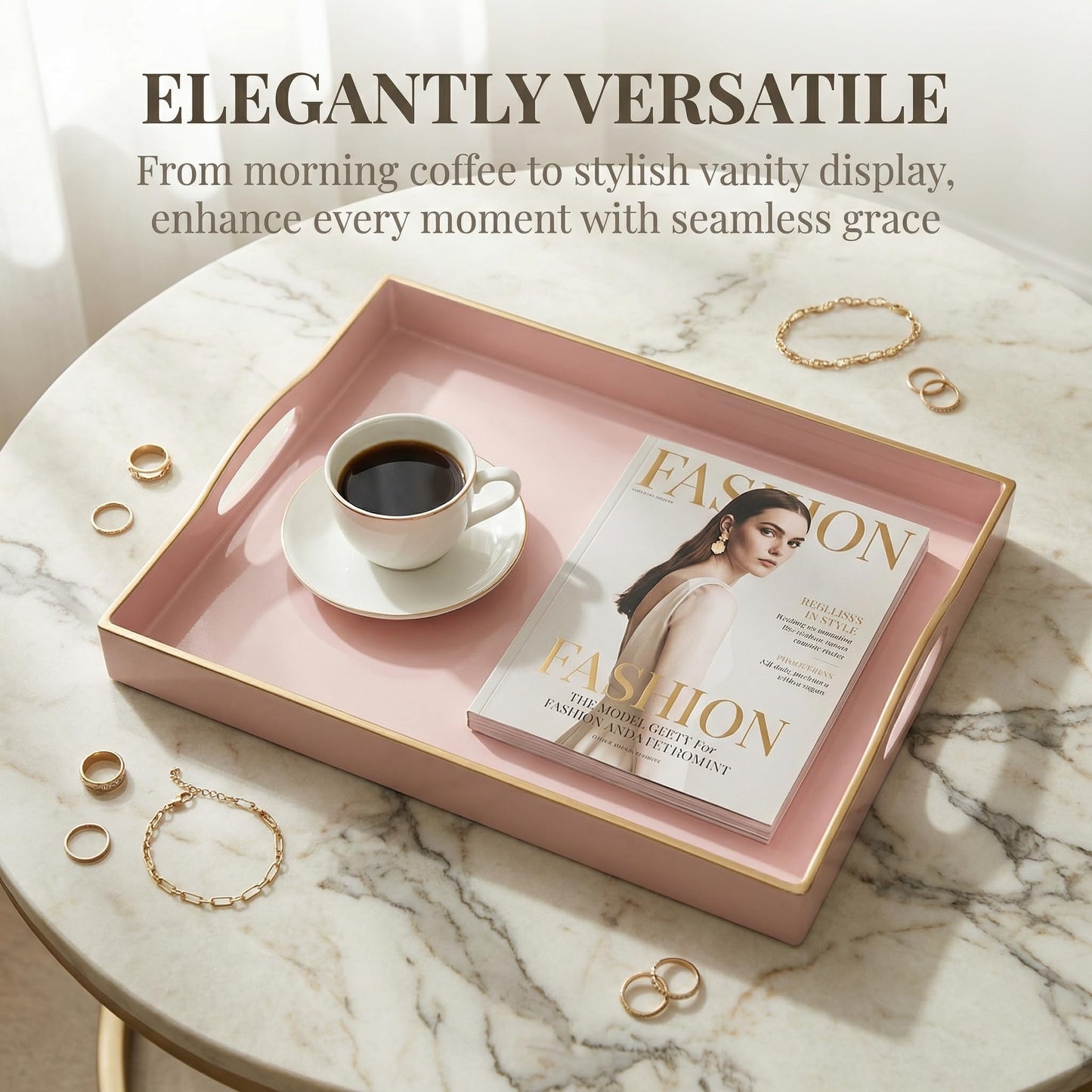 Umisriro Pink Serving Tray with 4 Handles, Plastic Decorative Tray for Coffee Table, Ottoman - Ideal for Living Room & Bathroom. 15” x 11” x 1.9”