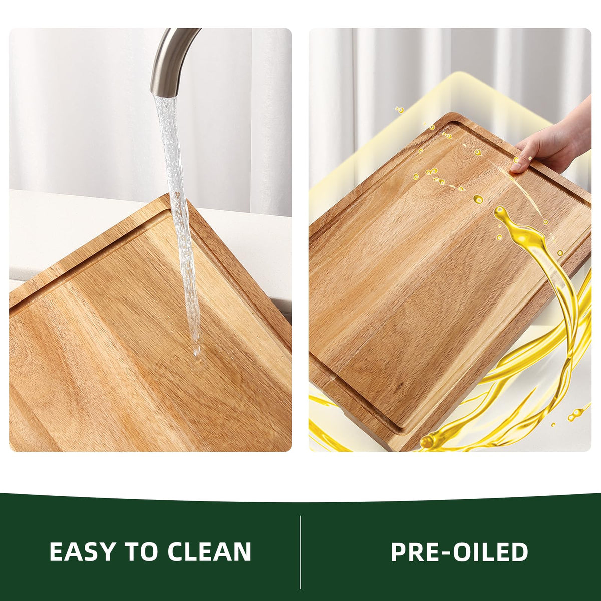 XL Cutting Board, 18x12 Large Acacia Wooden Cutting Board for Kitchen, Edge Grain Wood Chopping Board with Juice Groove and Handles, Pre-Oiled Carving Tray for Meat & Cheese