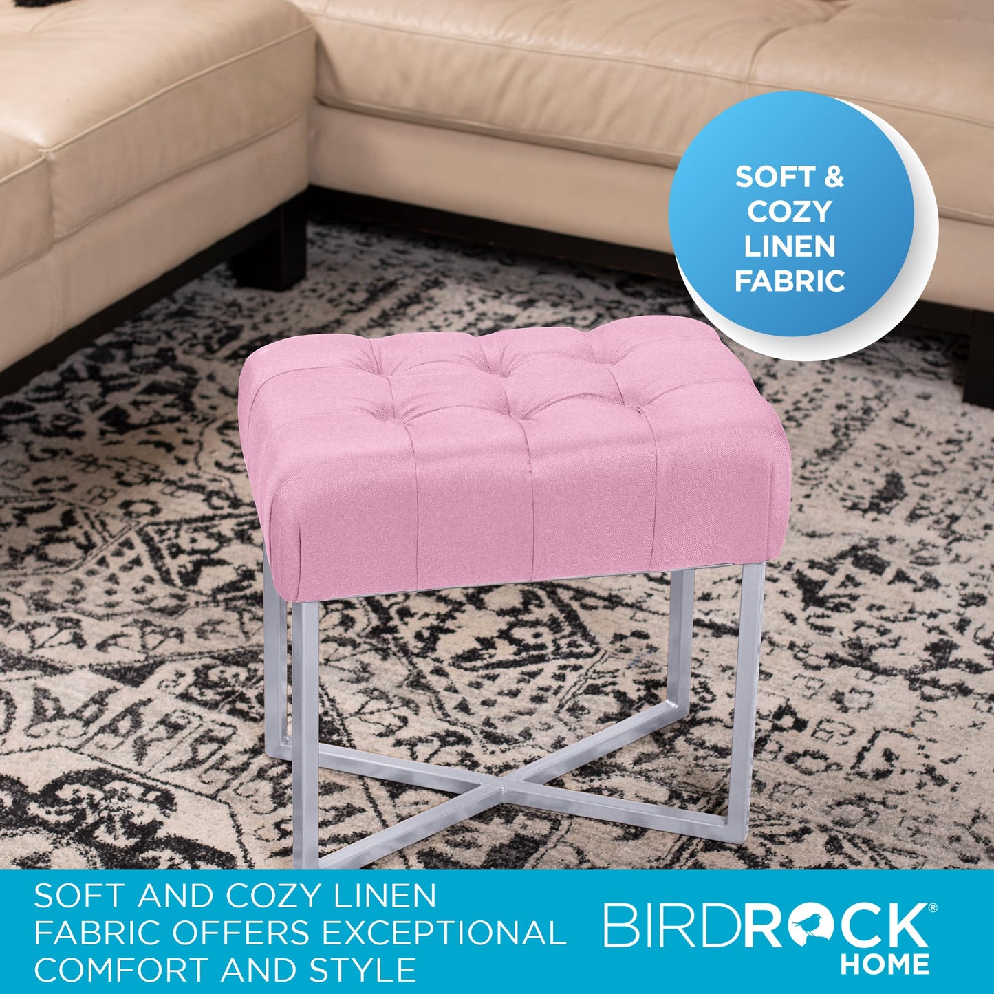 BIRDROCK HOME Rectangle Tufted Linen Ottoman Foot Rest - 19.7x11.82x17.73” Small Foot Stool with Legs - Padded Footrest Modern Ottomans for Living Room Furniture, Bedroom Footstool (Pink)