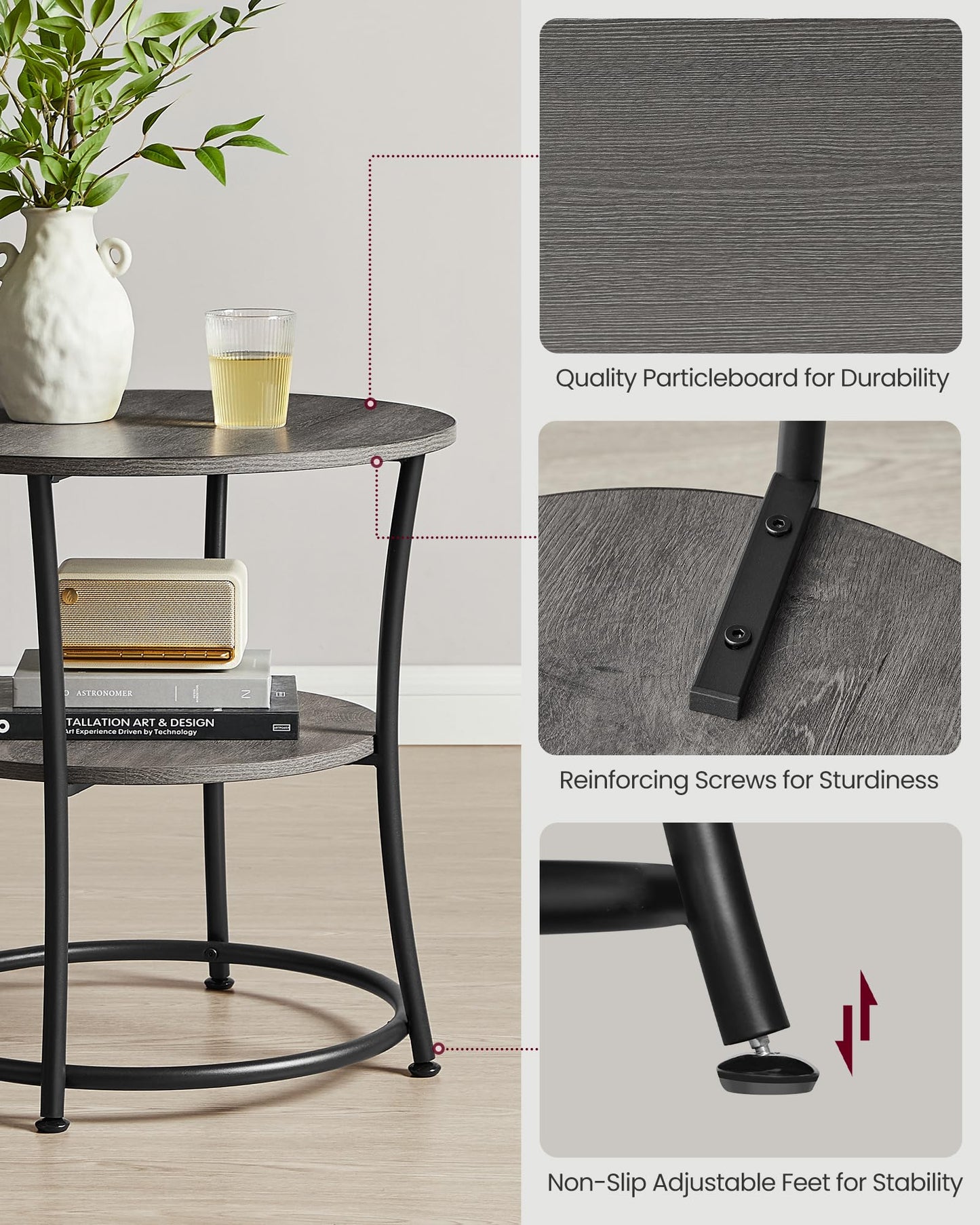 VASAGLE 21.7-Inch Round Side Table, 2-Tier End Table, Nightstand with Steel Frame, Spacious Top, for Small Spaces, Living Room, Bedroom, Misty Gray and Ink Black ULET056G68