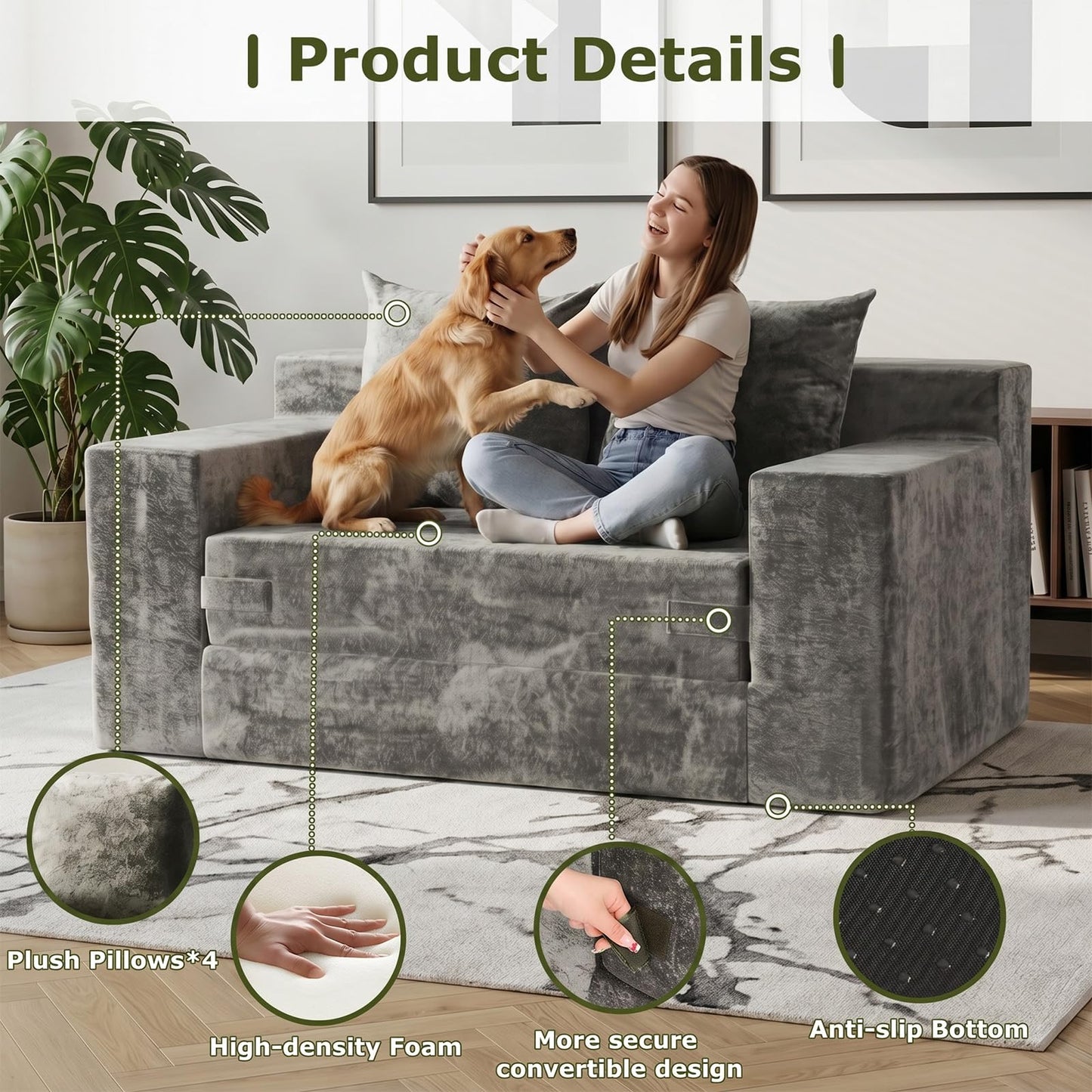 feliz home Boneless Loveseat Couches, Convertible Sofa Bed Folding Couch Bed, Boneless Chair Bed & Futon Sofa Bed, Small Pull Out Couch Foldable with 4 Pillows for Living Room, Light Grey
