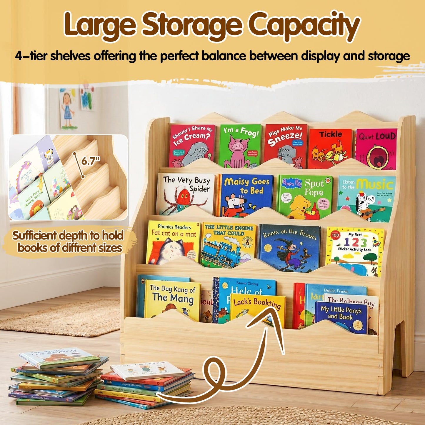 Chuiendi 4 Tier Montessori Kids Bookshelf, Wooden Front Facing Book Shelf for Kids Room, 31.5" W x 23.6" H Toddler Bookcase for Picture Books, Nursery Storage Organizer for Bedroom Playroom Classroom