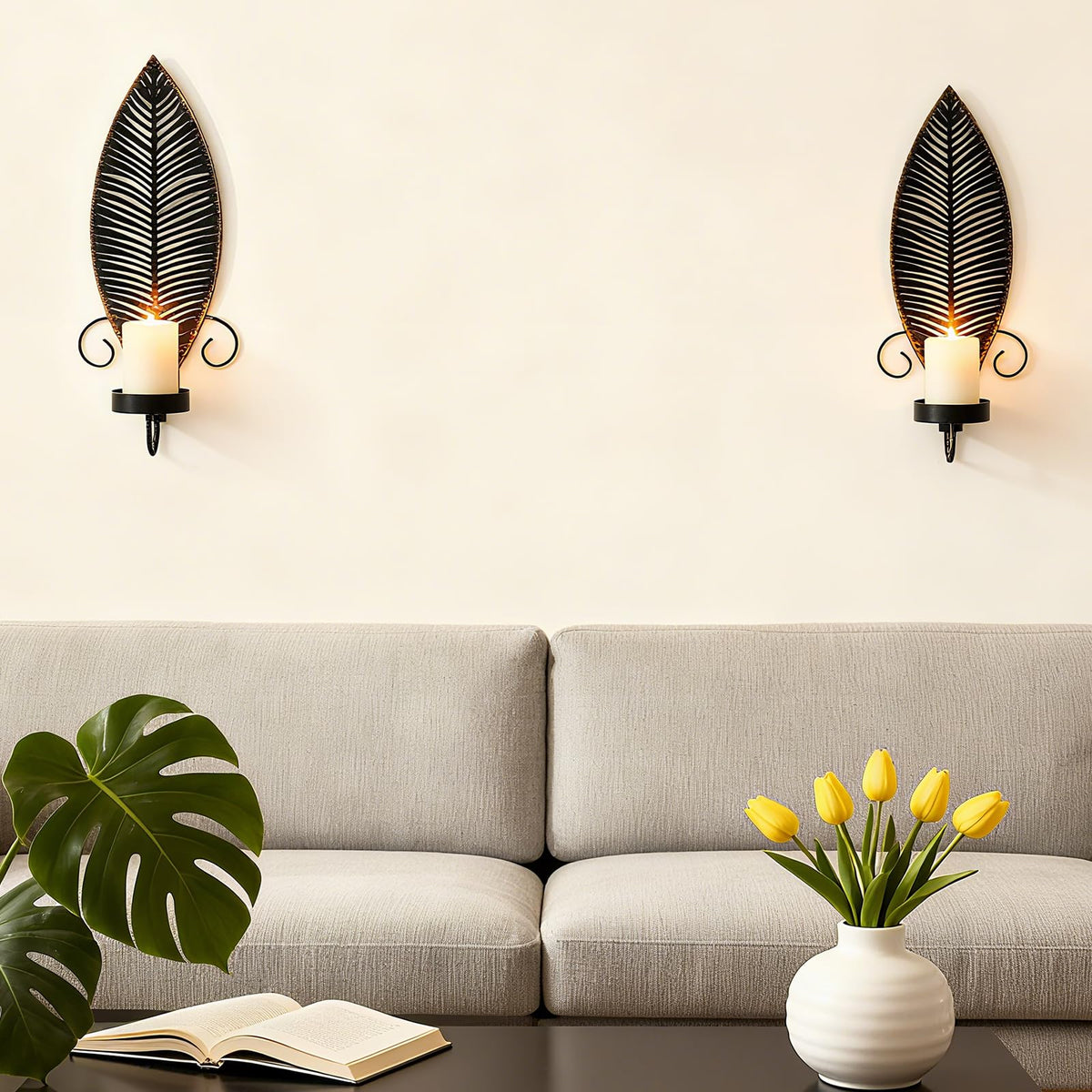 Leaf Wall Candle Sconces Vintage Metal Candle Holder, Set of 2 Wall Candlestick Mounted for Hallway Fireplace Bedroom Living Room (Black)