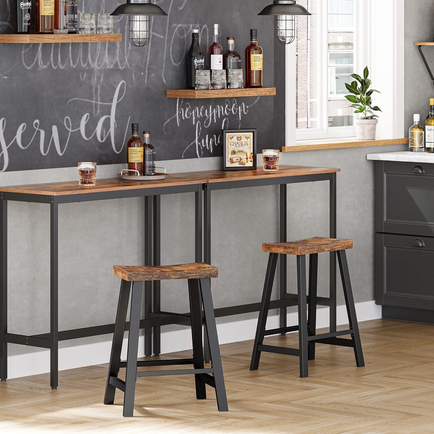 VASAGLE Bar Stools Set of 2, Counter Height Stools, Bar Chairs with Footrest, 23.6 Inches High Kitchen Breakfast Stools, Industrial, Living Room Party Room, Rustic Brown ULBC074B01