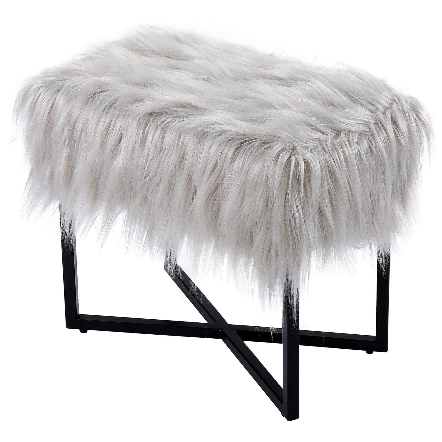 BIRDROCK HOME Rectangular Faux Fur Vanity Foot Stool Ottoman with Metal Legs - Small Soft Padded and Fluffy Makeup Seat or Foot Rest for Bedroom, Desk, or Dressing Table (Gray and Black)