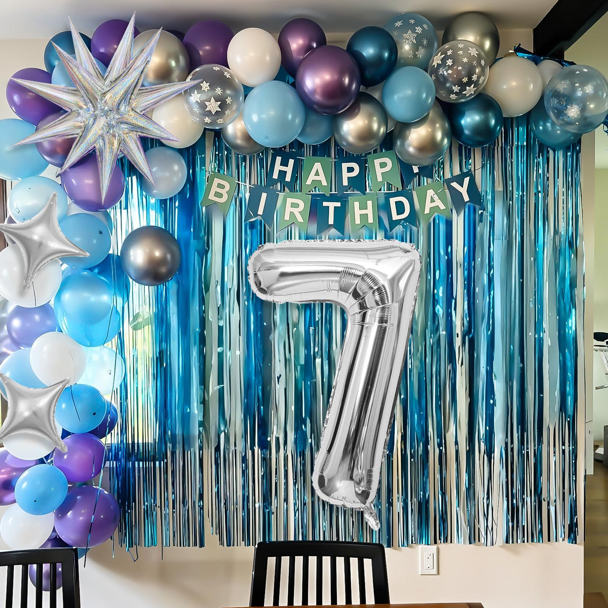 Snow 7th Birthday Decorations Girl, Snowflake Balloon Garland Arch Kit, Laser Explosion Star Balloons, Silver Number 7 Balloon Tower for Baby Shower Girls 7th Snow Theme Party Supplies
