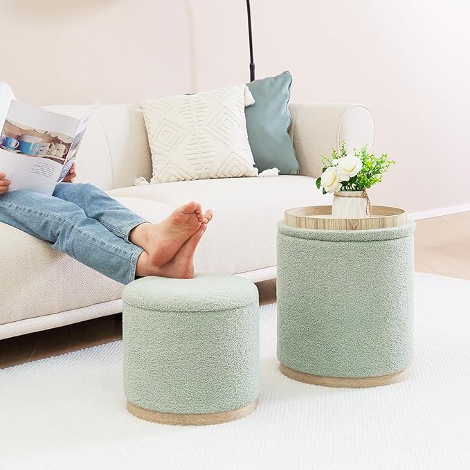 PINPLUS Round Ottoman with Storage Set of 2, Storage Ottoman with Tray