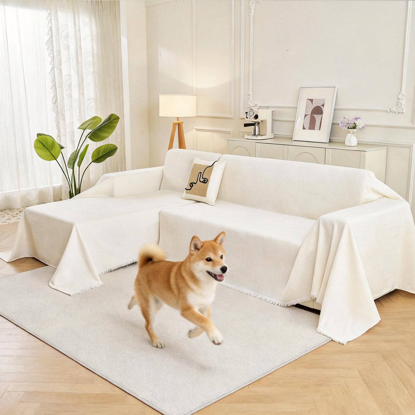 KaviKon Sectional Couch Covers 2-Piece for L Shape Sofa, Chenille Washable Sofa Cover for 2-3 Cushion Couch, Non-Slip Furniture Protector for Dogs,Pets, Soft Couch Blanket Slipcovers Sets (L-Cream)