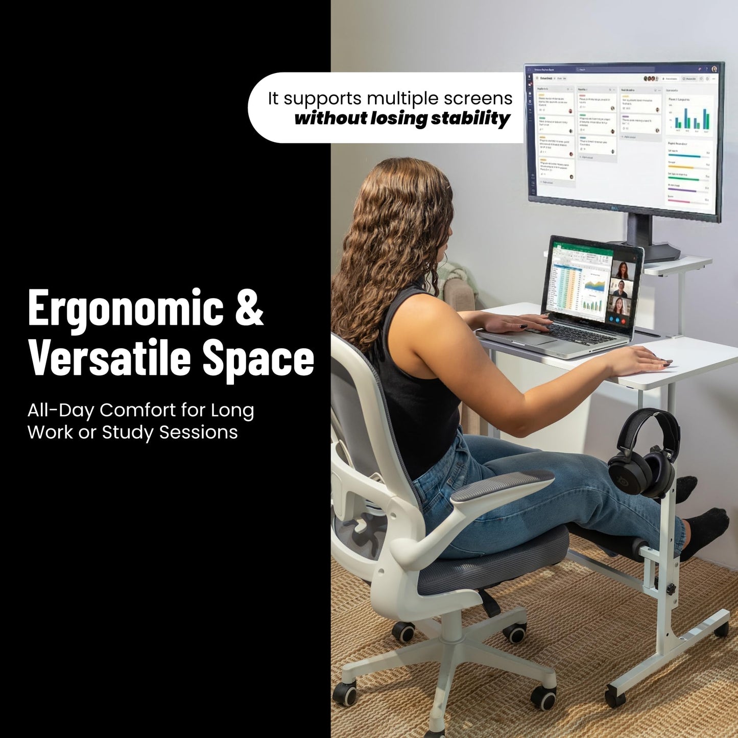 Model 2026 Adjustable Height Rolling Desk With Wheels Portable Compact Laptop Table Mobile Workstation For Study Office Small Space Standing Desk Ergonomic Writing Surface Modern Home Furniture White