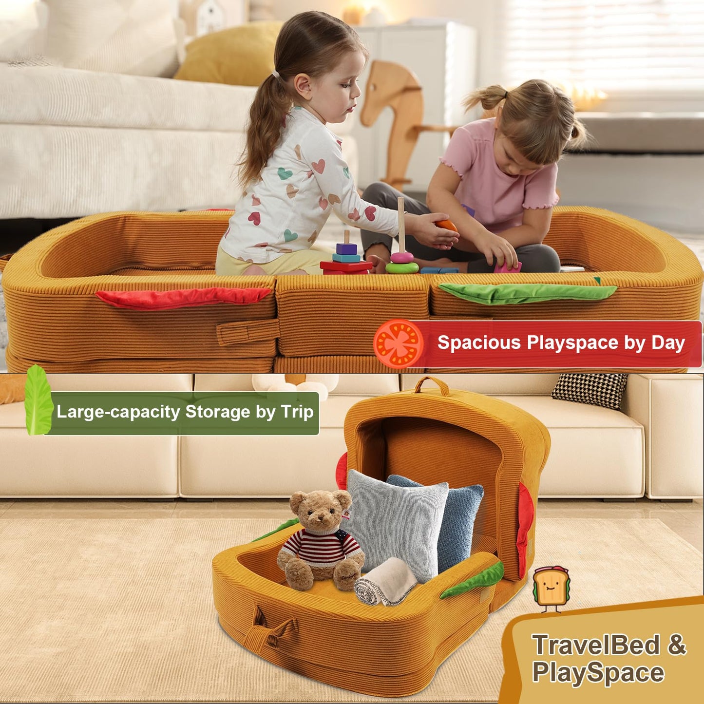 liftoza Toddler Travel Bed Sandwich Style - Portable Toddlers Floor Beds, Foldable Soft Foam Travel Crib for Baby and Kid, Washable Cover Toddler Cot with Safety Rail for Travel, Home/Travel Sleep