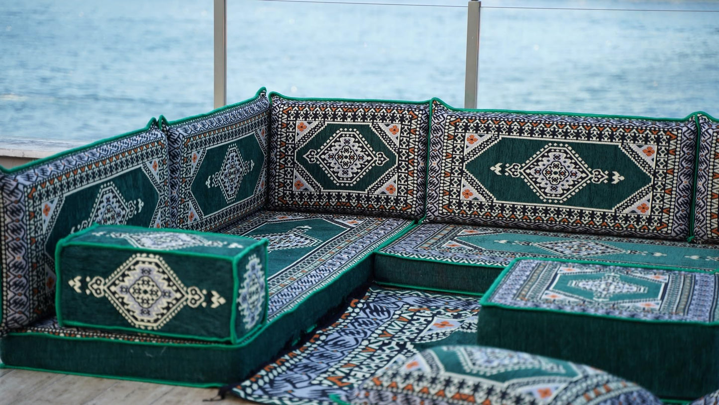 ArabicSofa L Shaped Arabic Floor Cushions, Sectional Sofa, Arabic Majlis Set, Custom Made Sofa, Green, 4'' Thickness, L Sofa Full Set