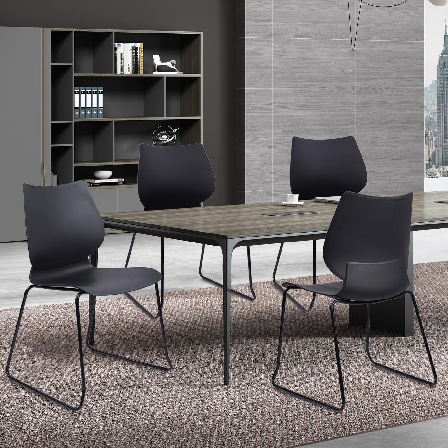 KLASIKA Stackable Waiting Room Chair, Stacking Office Chair with Ergonomic Lumbar Support and Metal Legs, Plastic Desk Chairs for Conference School Church Guest Reception Set of 4, Black