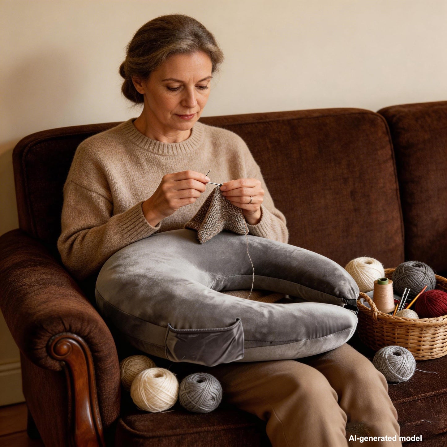 YFYDSMAO Reading Gaming Pillow,Crochet Pillows for Lap Support with Dual Side Pockets, Soft U-Shaped Lap Pillow for Bed Sofa Crocheting,Dark Grey