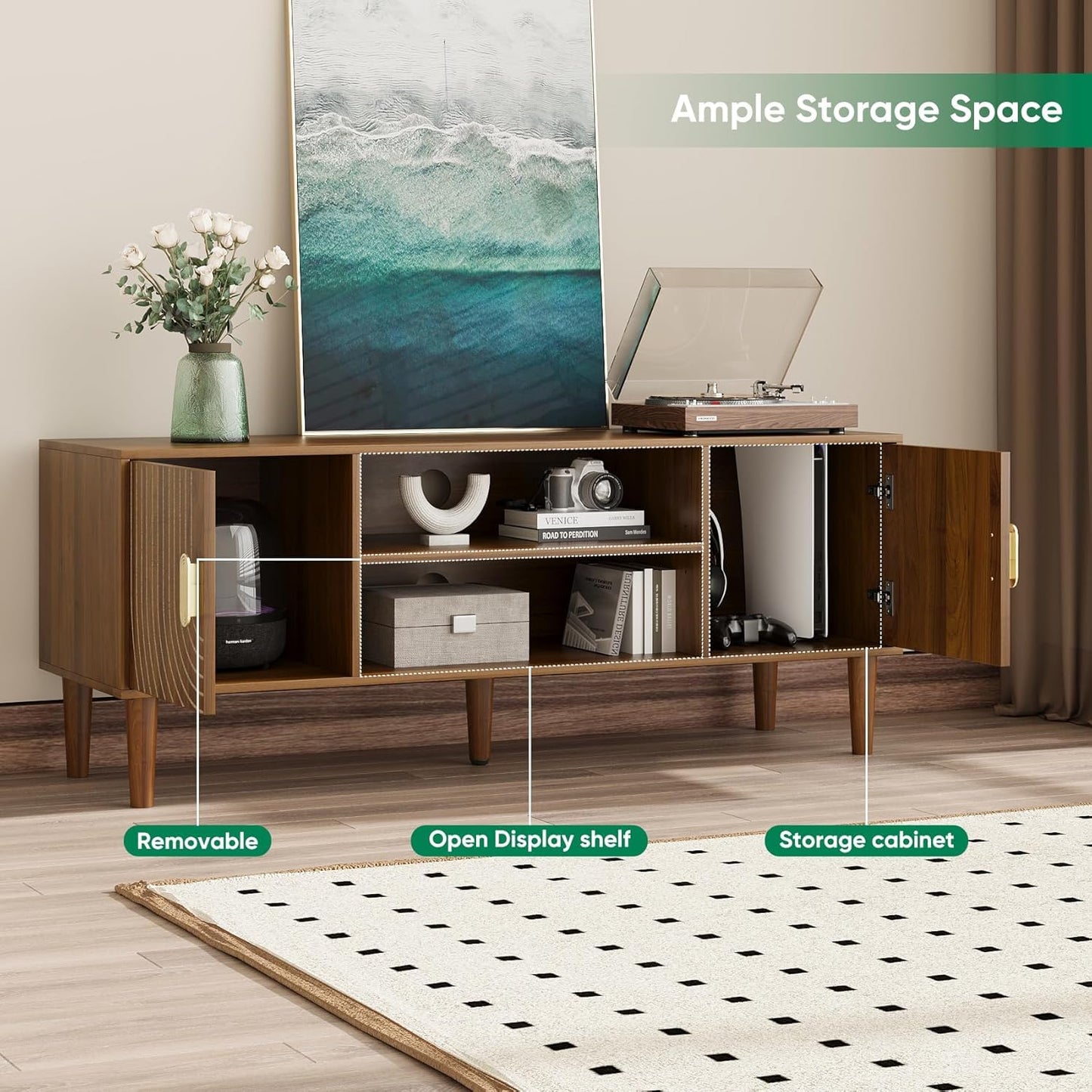 Algherohein 47" TV Stand for TVs up to 55 Inch, Entertainment Center with Storage and Adjustable Shelves, Modern Media Console for Living Room, Walnut