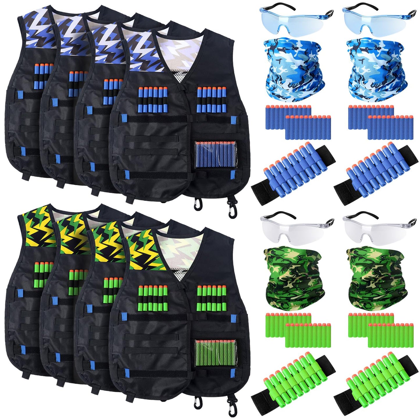 Sosation 8 Sets Kids Tactical Vest Compatible with Nerf Party Favor Accessories, Face Mask Wrist Ammo Holder Toy Gift Supplies Boys (Green and Blue)