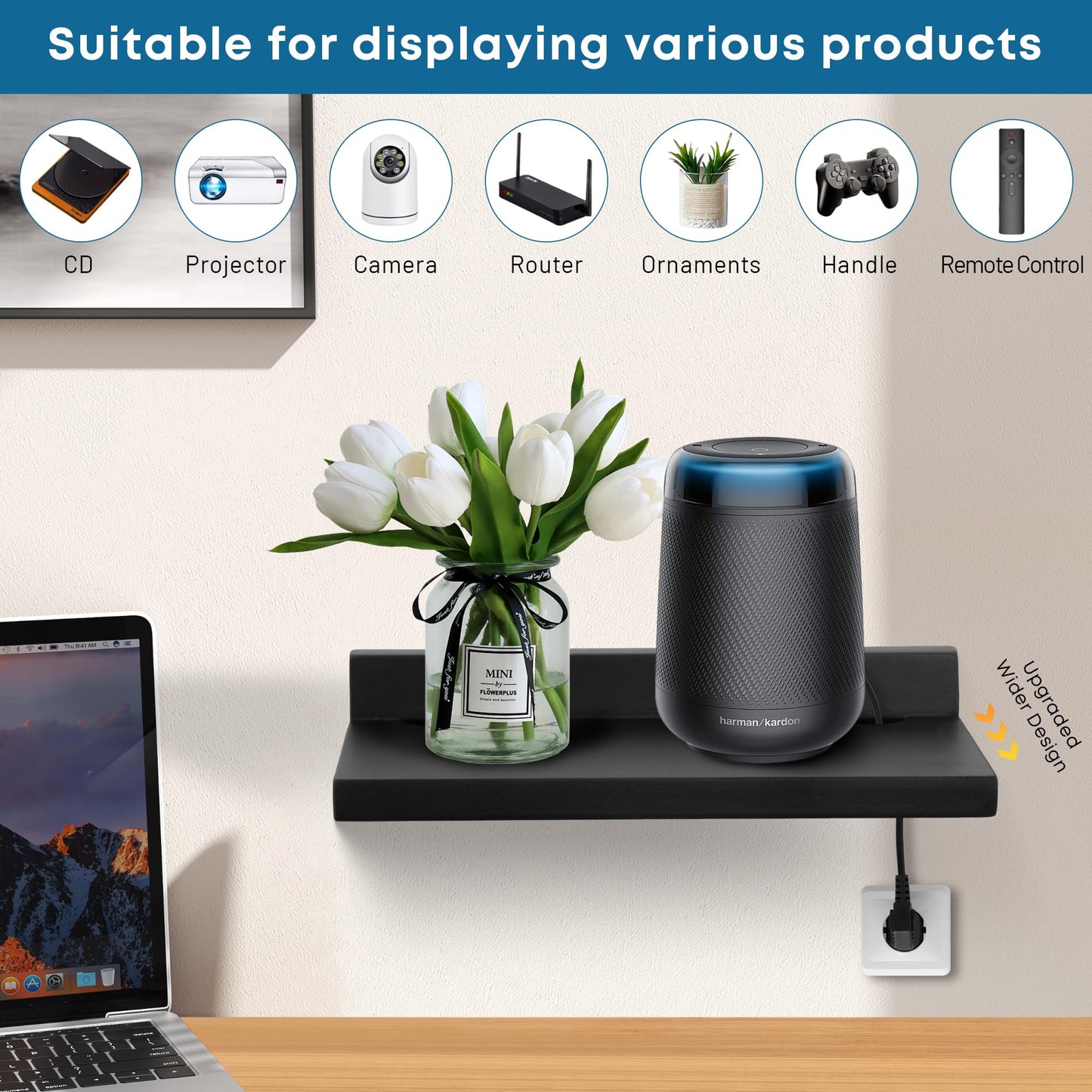 FURAOMEILI Small Floating Shelf for Wall,9X5 Inch Wall Mounted Shelf with Cord Hole,Small Display Shelves for Cameras, Webcam, Router,Smart Speaker,Action Figures-2 Pcs(Black