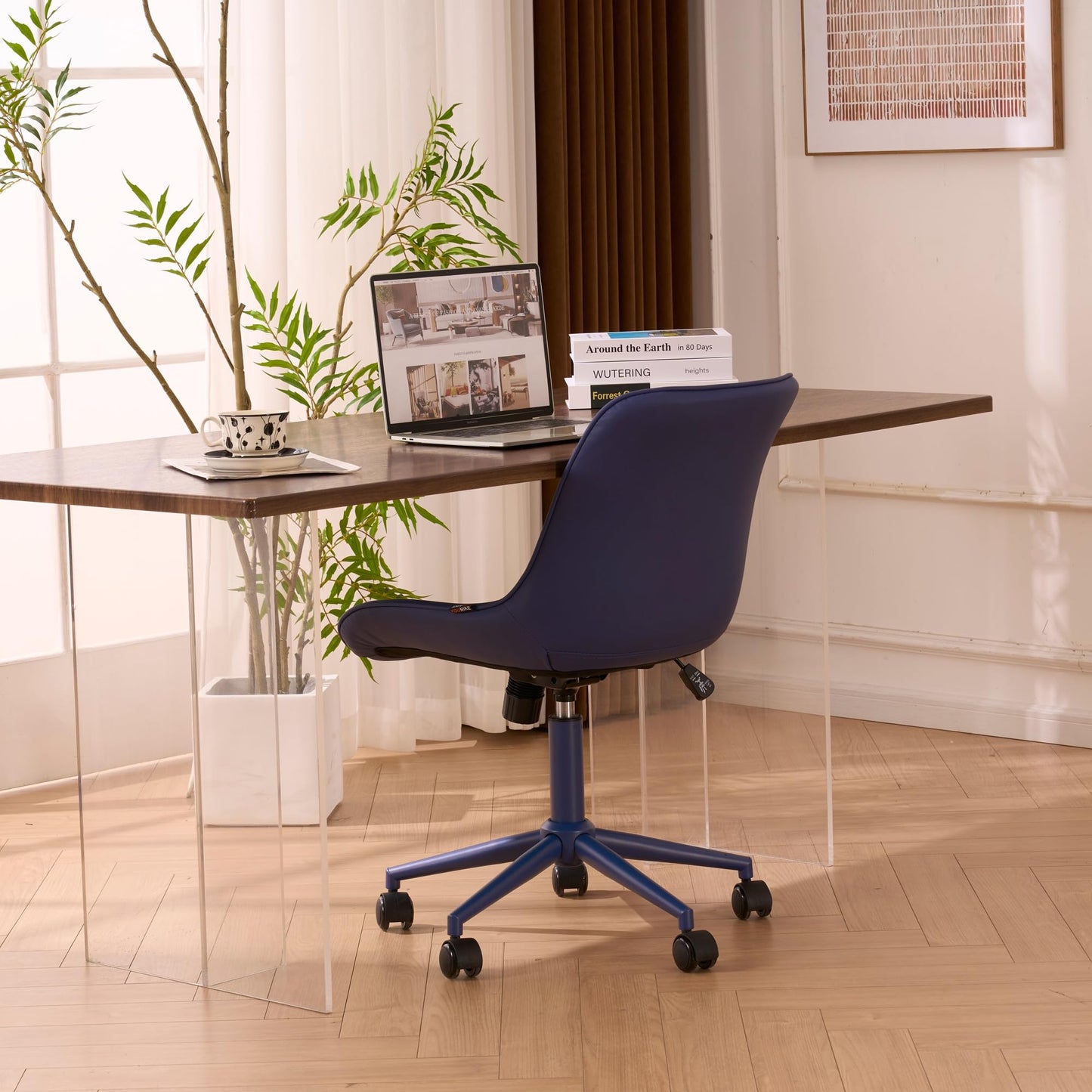YOUNIKE Faux Leather Ergonomic Office Chair Armless Comfy Desk Chair with Rocking Back Cute Swivel Vanity Chair with Wheels Height Adjustable Small Computer Task Chair for Sewing Drafting Navy Blue