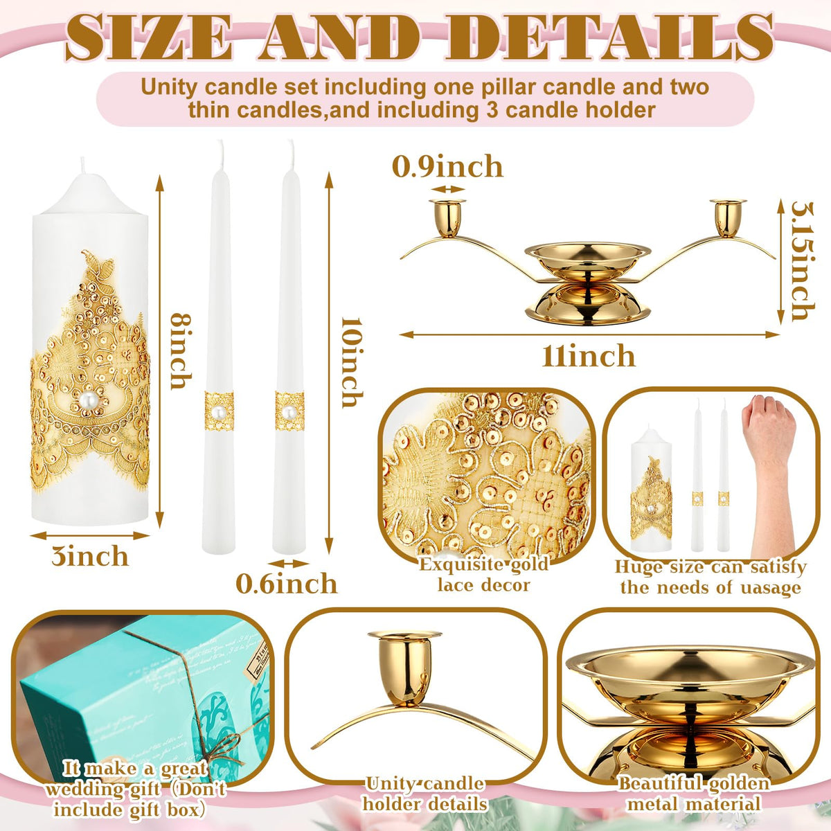 Irenare Unity Candles with Holder for Wedding Ceremony Wedding Decortions Accessories Glass Candle Holder Pillar Candle for Formal Events Church(Gold Wedding)