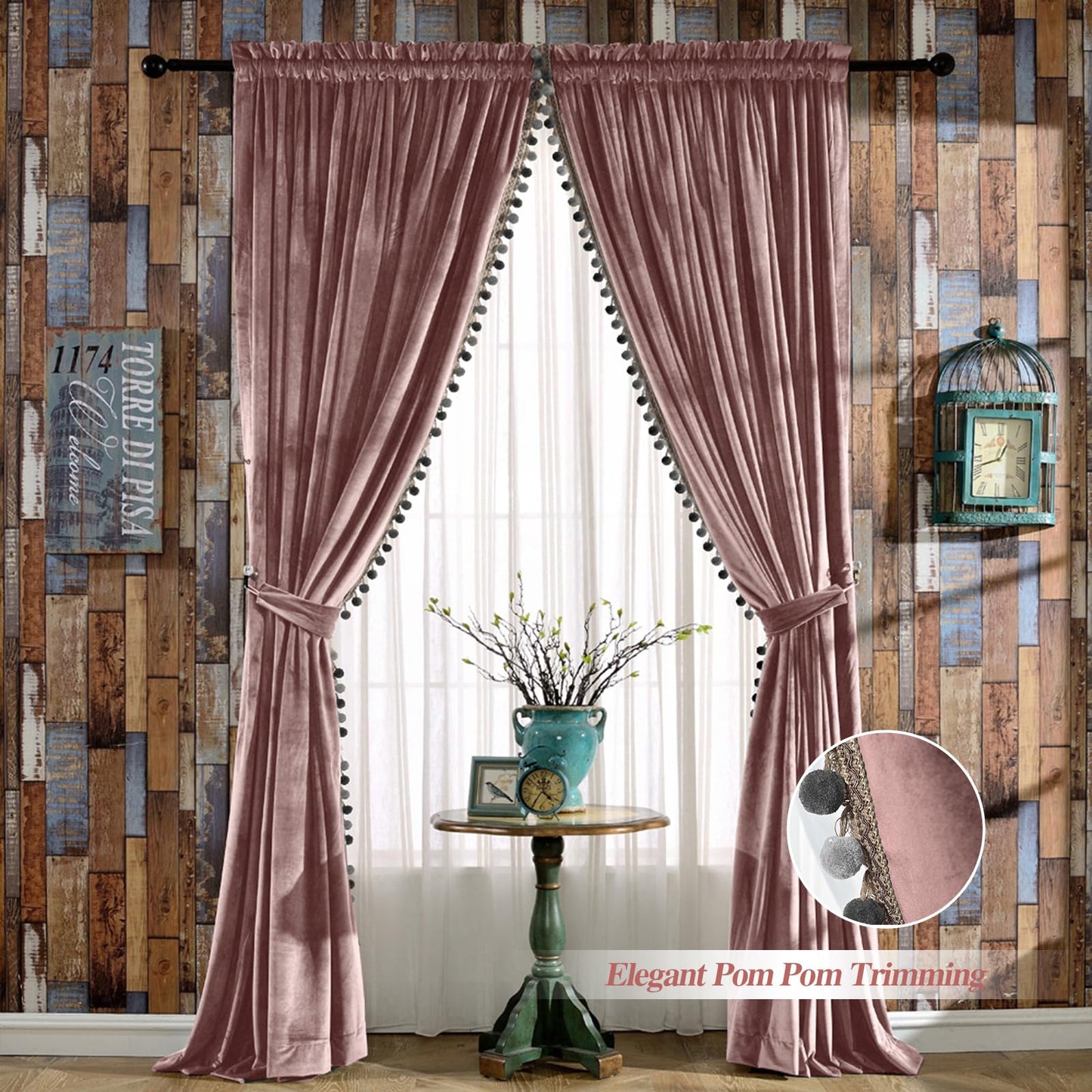 Melodieux Pom Poms Velvet Blackout Curtains for Bedroom Living Room, Vintage Luxury Thermal Insulated Rod Pocket Lined Drapes, 52" W x 84" L, Dusty Rose (2 Panels)