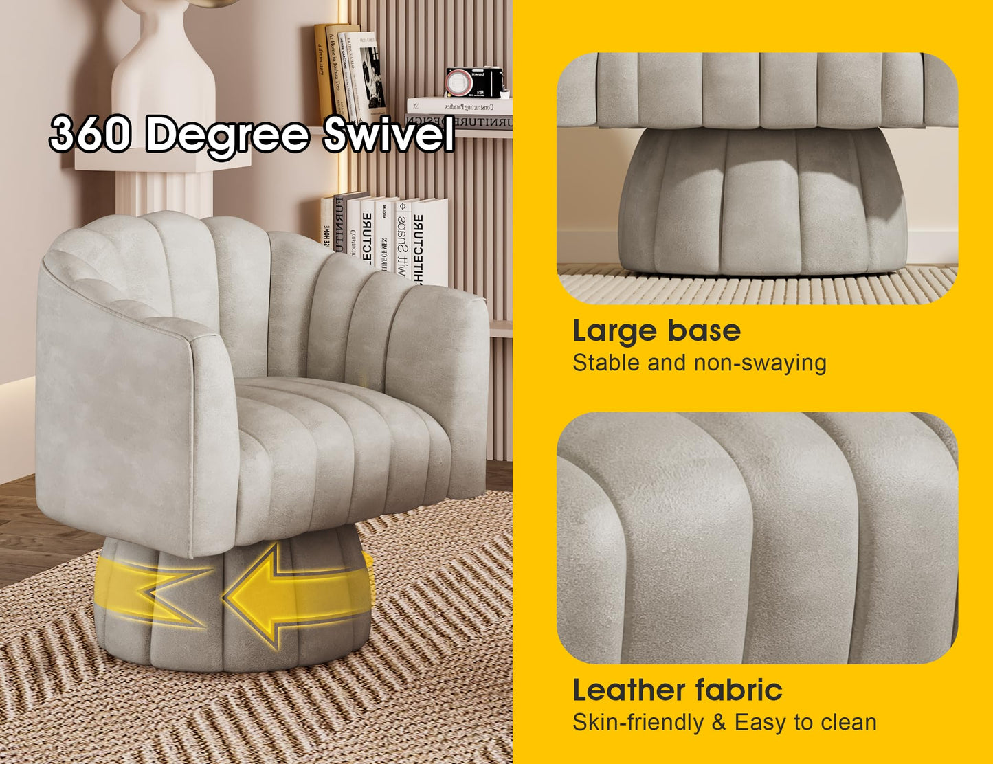 Dewhut Swivel Accent Chair, 360° Swivel Barrel Chair with Armrest, Faux Leather Upholstered Single Sofa Reading Chair for Living Room,Bedroom,Waiting Room(Dark Almond)