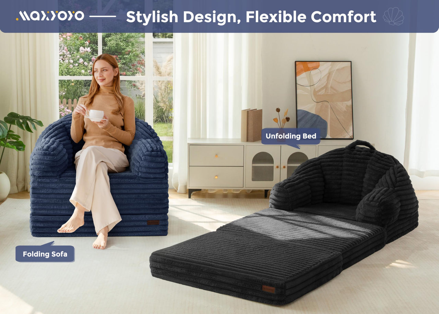 MAXYOYO Folding Sofa Bed, 2 in 1 Convertible Sofa to Lounger Comfy Faux Fur Bean Bag Chair for Adults, Floor Single Couch Chair with Handle, Couch Bed for Living Room Bedroom, Black