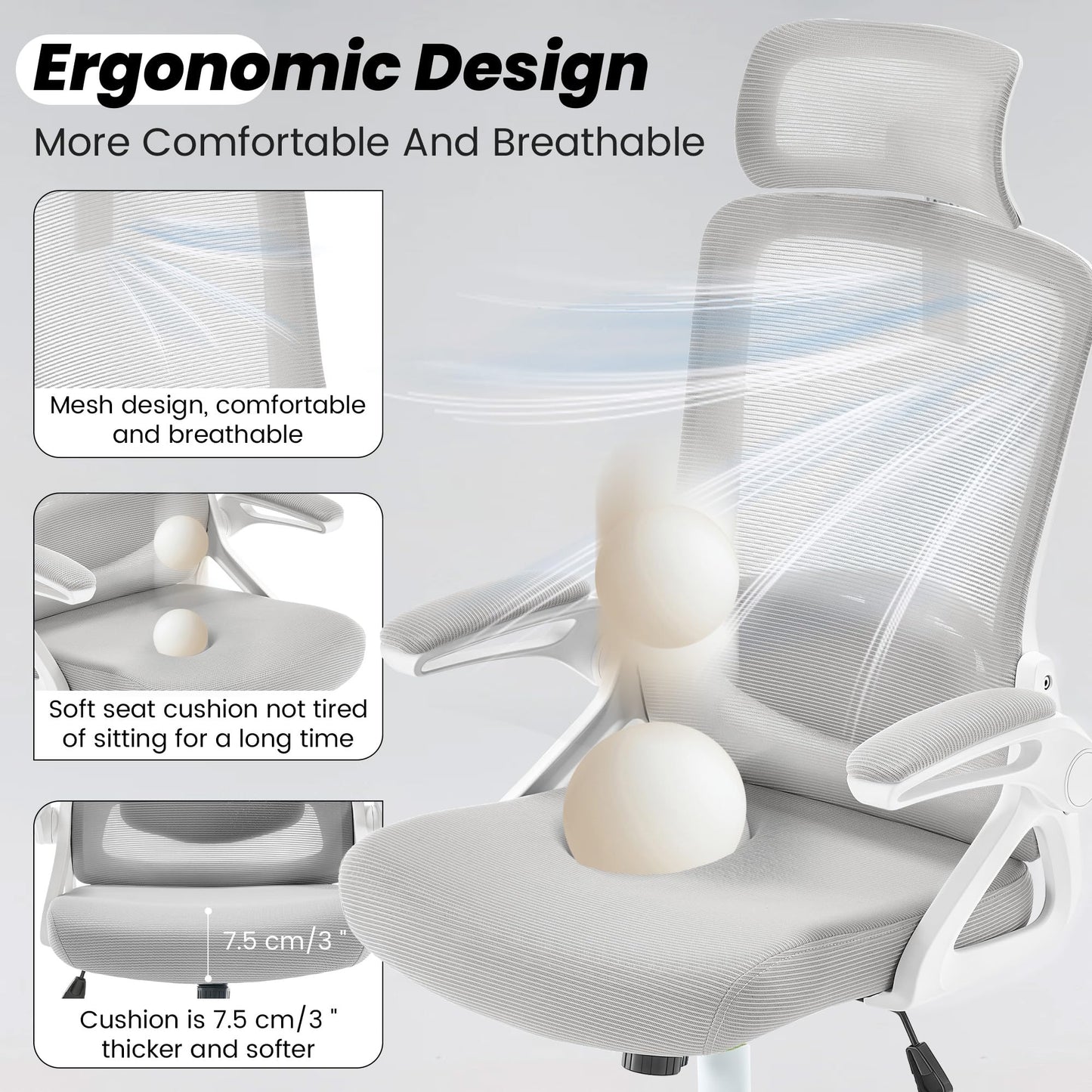 Fizzin Ergonomic Office Chair, 400 LBS Desk Chair with Adjustable Lumbar Support, High Back Breathable Mesh Computer Chair Rolling Work Swivel Task Chairs, Comfy Home Office Desk Chair (Gray)