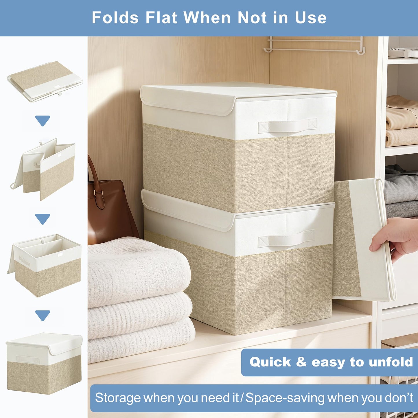 Bagnizer Large 22 Quart Linen Fabric Foldable Storage Bin Cube Organizer Basket with Flip-Top Lid & Handles, Clothes Blanket Box for Home, Office, Closet, Beige & White, 4 Pack 14.6 x 9.5 x 9.5”
