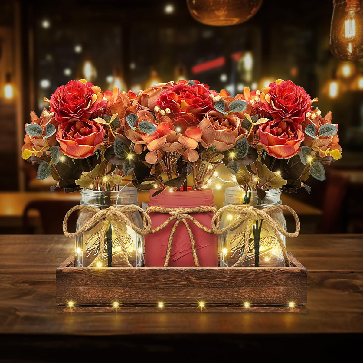 HOMECOR Mason Jar Light Centerpiece Table Decor for Dining Room - Farmhouse Centerpiece Table Decorations with Wood Tray and Remote Control LED Lights for Coffee Table Decor Living Room Wedding