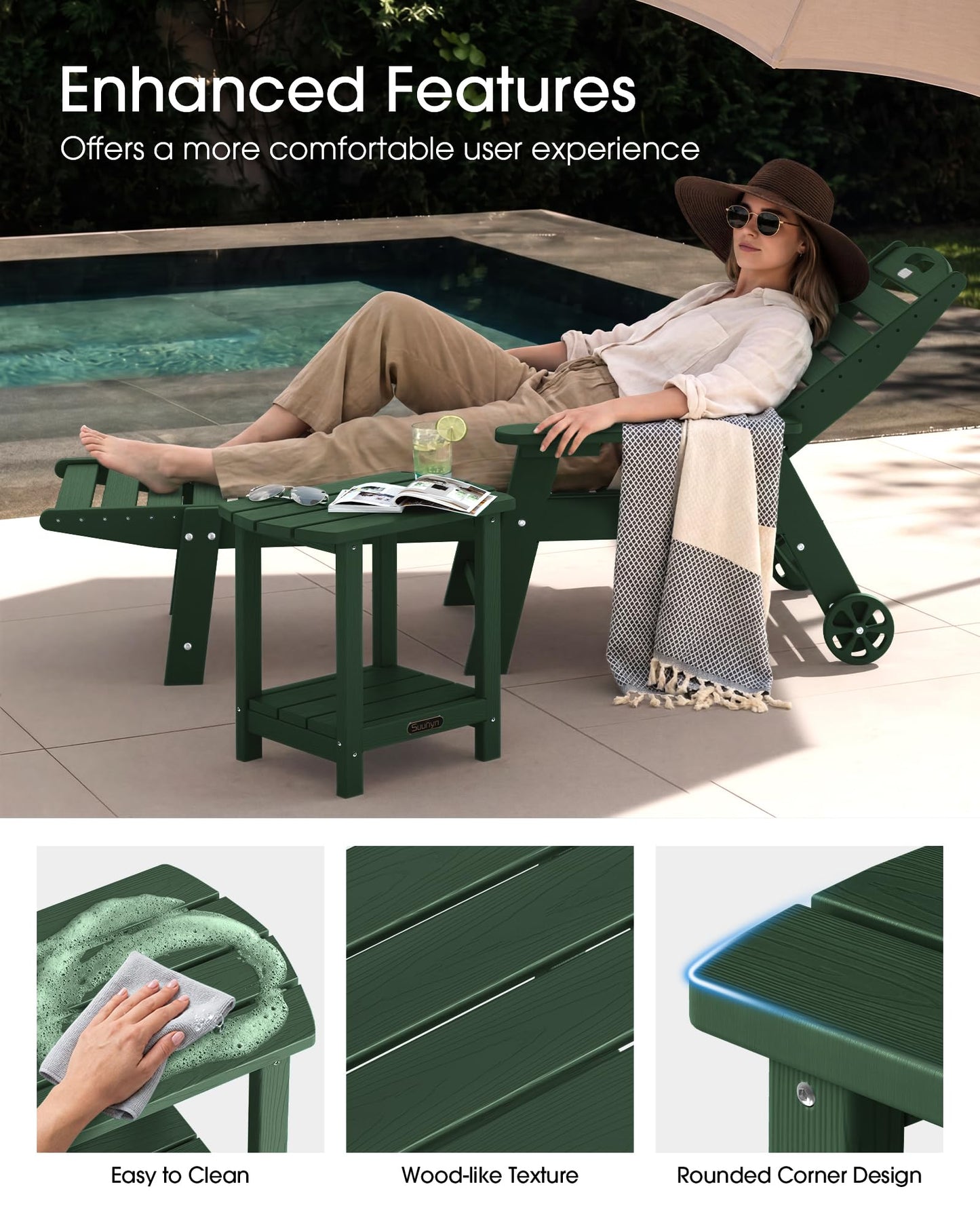 SUUNYN Outdoor Side Table, 2-Tier HDPE Small Outdoor Table, Adirondack Side Tables, Outside End Tables for Patio, Porch, Deck, Pool, Weather Resistant (Green)