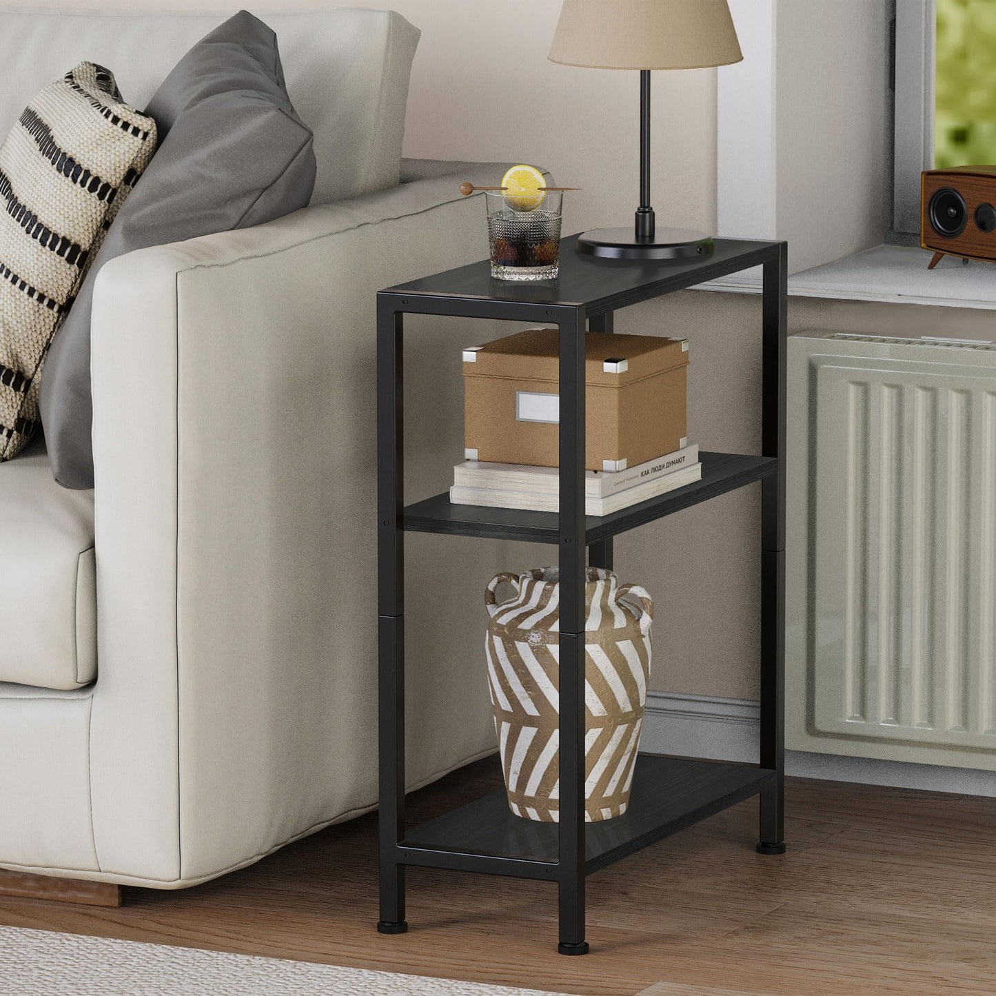 Vantimo 3-Tier Side Table, Small EndTable, Sofa SideTable for Narrow Spaces, Slim EndTable, NightstandTable, Skinny Bedside Table, for Living Room, Bedroom, Office, Black