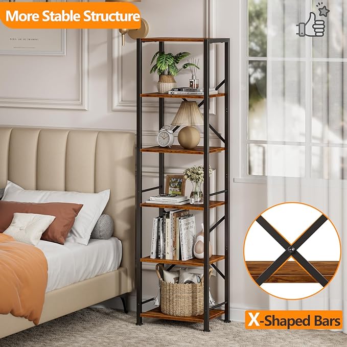 Furologee 6 Tier Tall Bookshelf, Industrial Narrow Bookcase, Display Standing