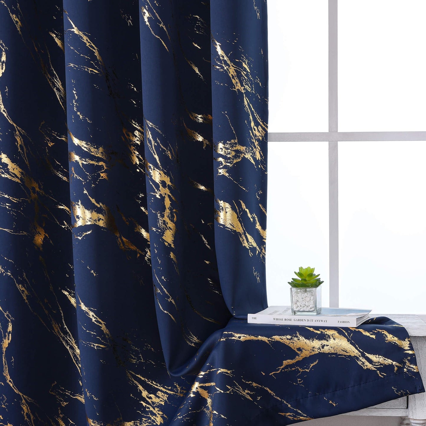 WUBODTI Navy Blue and Gold 100% Blackout Patterned Curtains 84 Inches Long 2 Panels, Gold Marble Printed Thermal Insulated Curtain Modern Abstract Drapes for Bedroom Living Room Dining Room