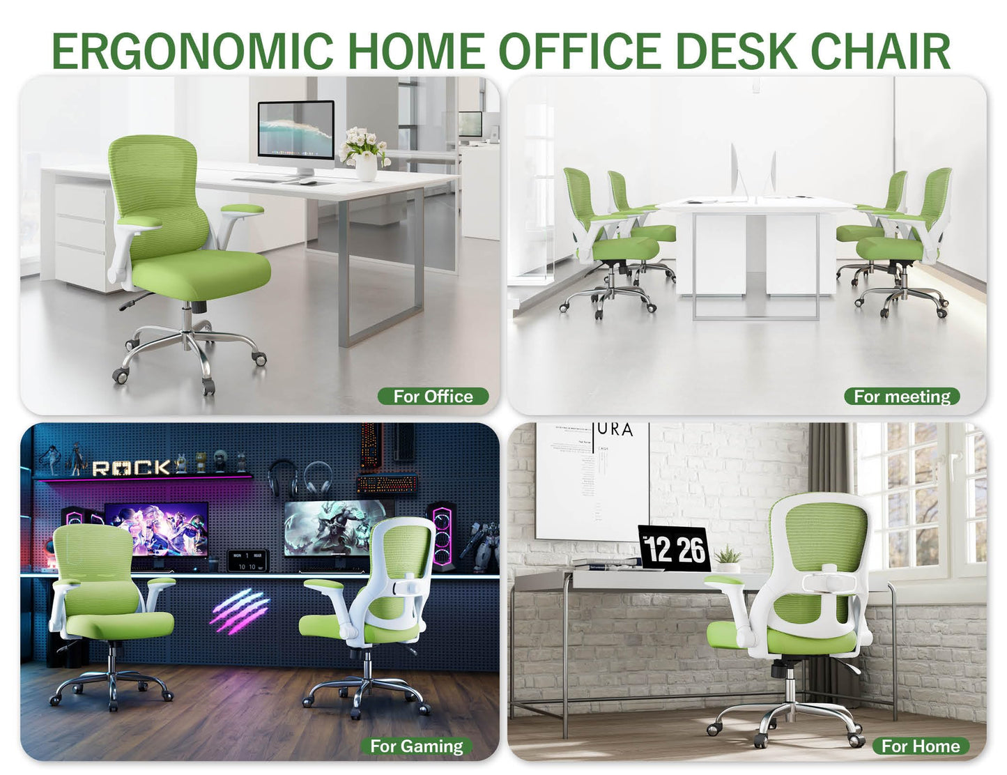 Office Chair Ergonomic Desk Chair Comfy: 400LBS Mesh Computer Chair Ergonomic Gaming Chairs with Wheels Adjustable Lumbar Support and Flip up Armrest-Swivel Executive Chairs Long Hours(Green)