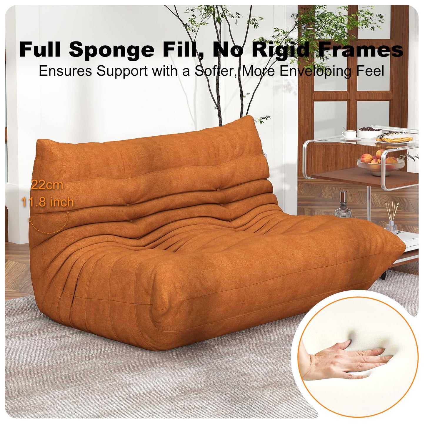 Full Foam Loveseat Sofa,Adults Bean Bag Chairs Floor Couch with Soft Waterproof Fabric,Armless Fireside Lounge Chair for Living Room,Apartment and Office (DarkOrange)